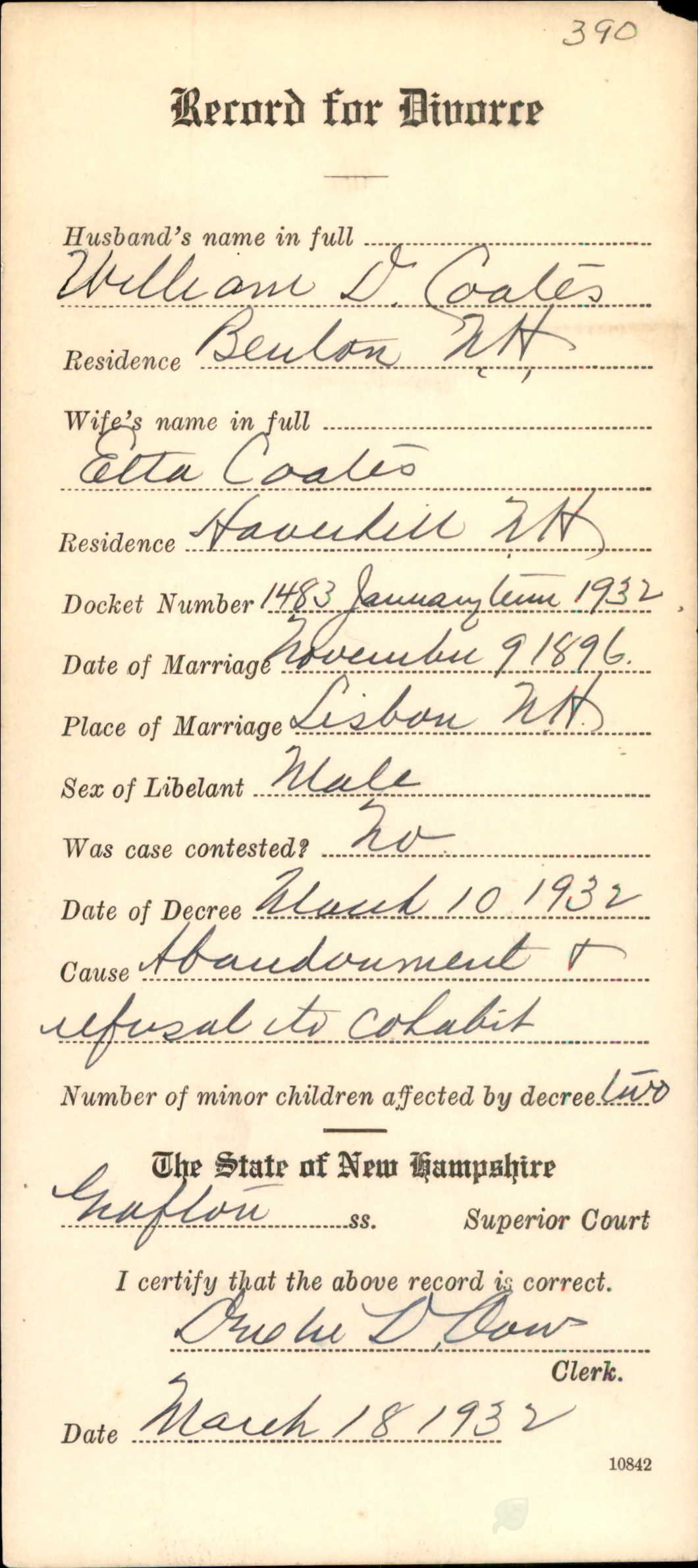 Divorce WIlliam Coates & Etta Seeley